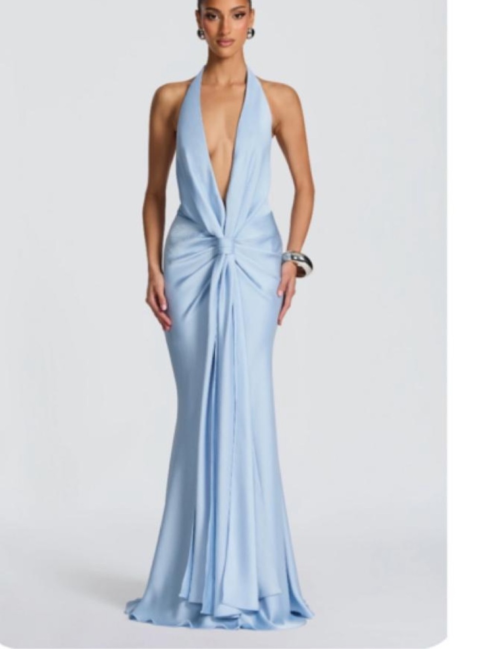 Plunging Halter Knot-Front Evening Gown in Light Blue